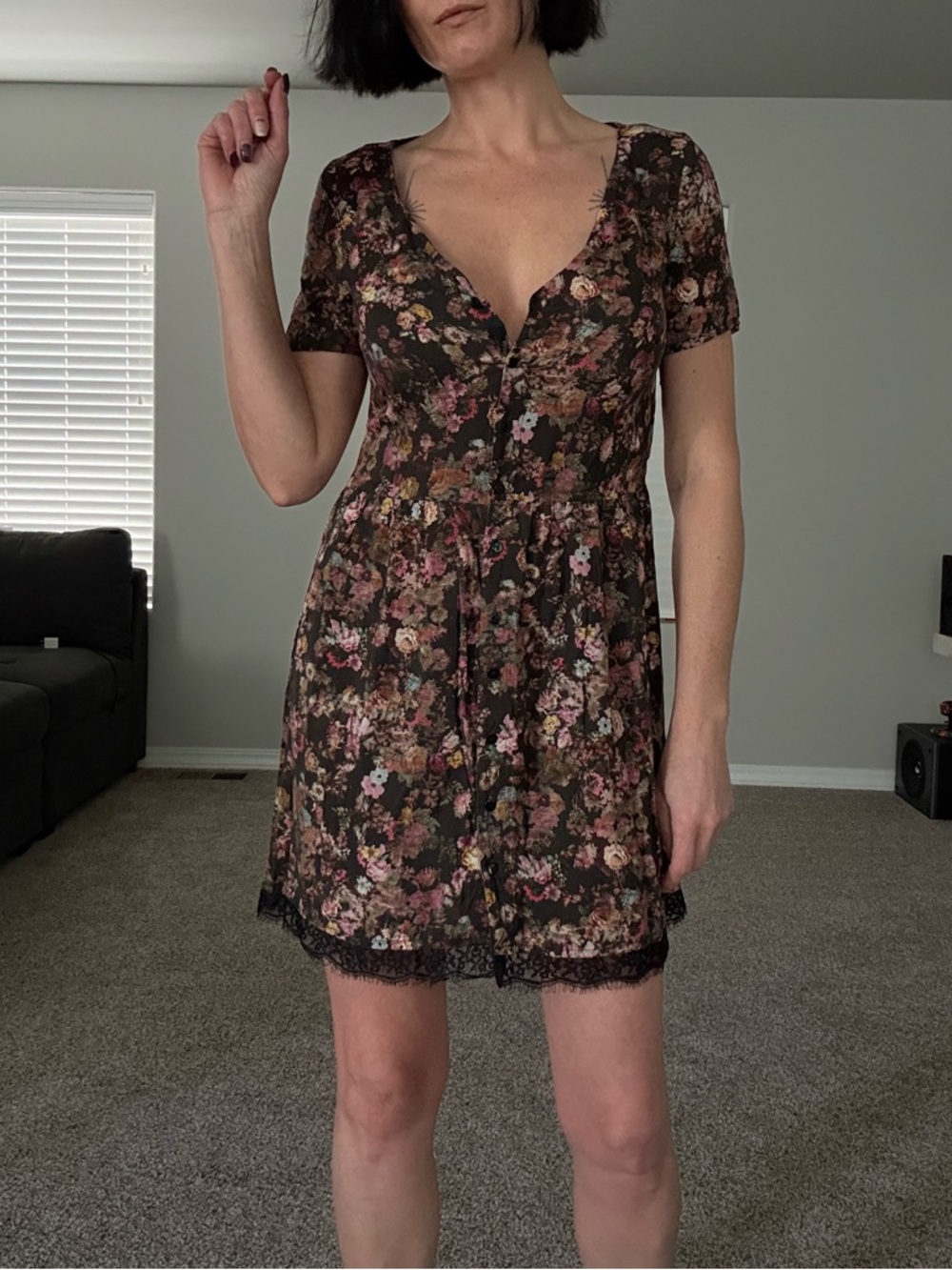 Mango Brown Floral Mini Dress with a black guipure trim at the hem